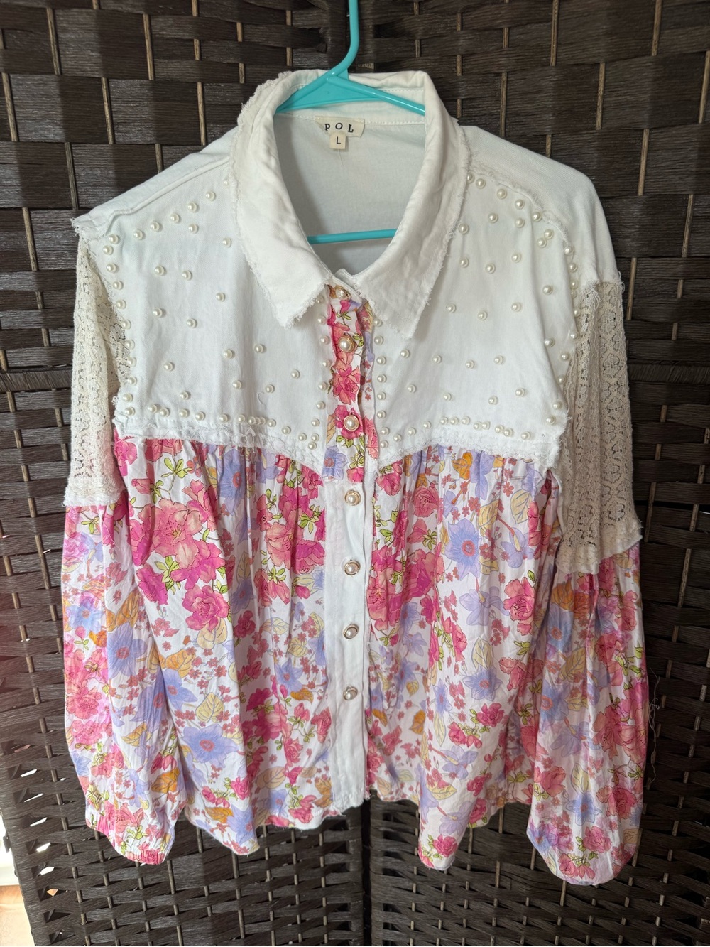 *NEW*Sz L*POL* Pearls Please Floral & Lace Shacket - Picture 1 of 5